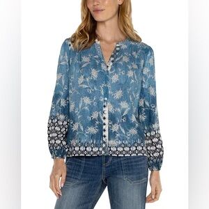 Liverpool Los Angeles Button Front Shirred Blouse Blue White Longsleeve Medium